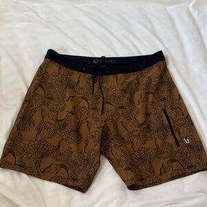 Vuori Brown Floral Print Swim Shorts with Black Waistband